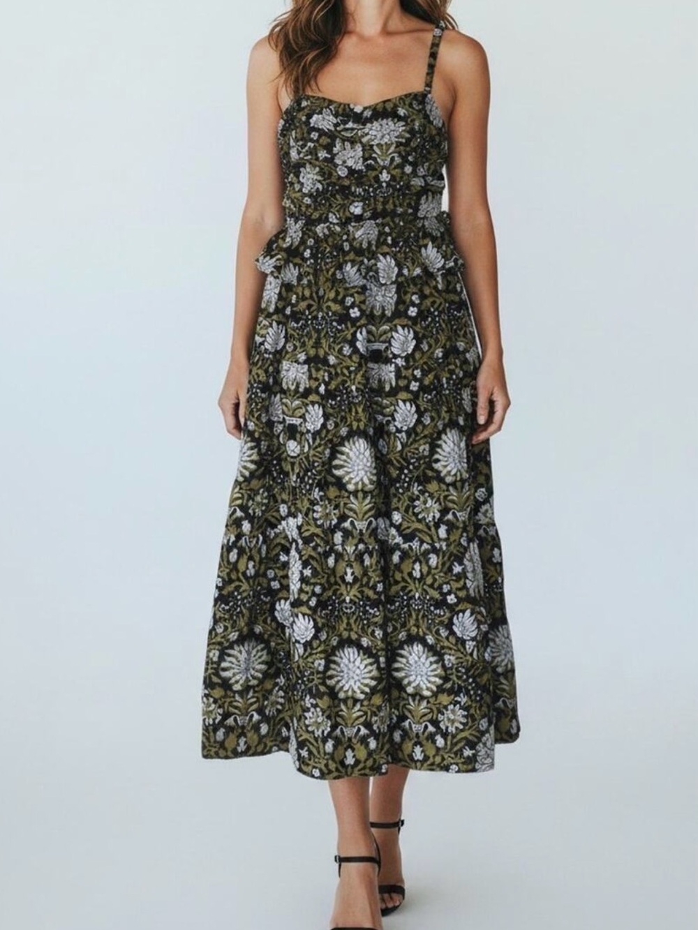 HYACINTH HOUSE Black/Olive Green Floral Peplum Midi Dress